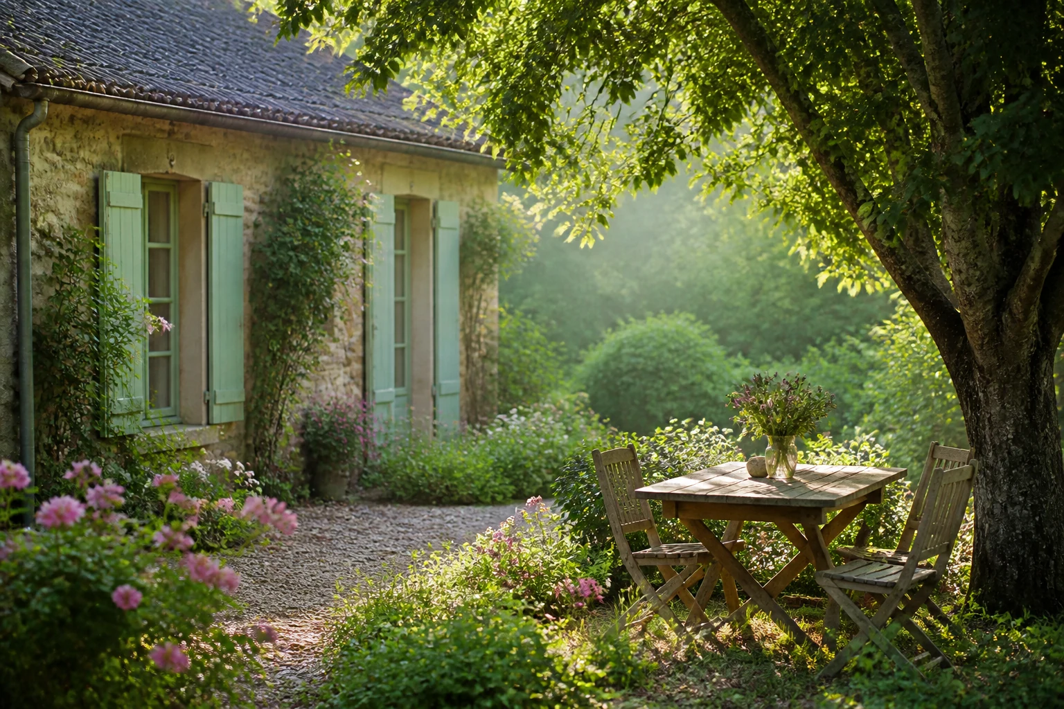 Gîte rural en pierre avec jardin dans un paysage de campagne