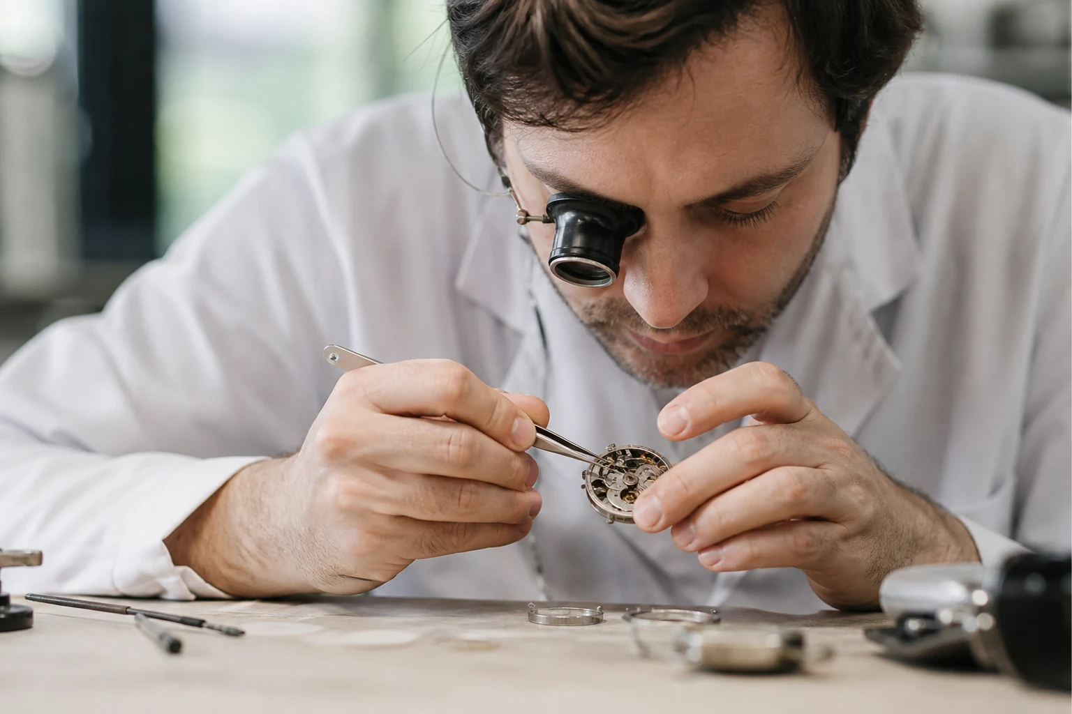 Un horloger penché sur son établi répare le mouvement d'une montre à la loupe