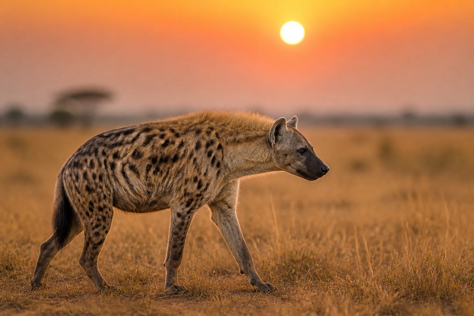 Une hyène tachetée dans la savane africaine au lever du jour