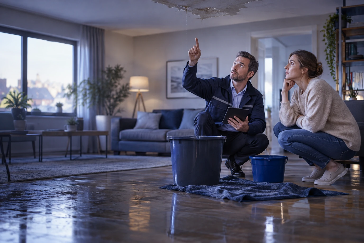 Expert en assurance examinant les dégâts d'un dégât des eaux dans un salon avec un propriétaire