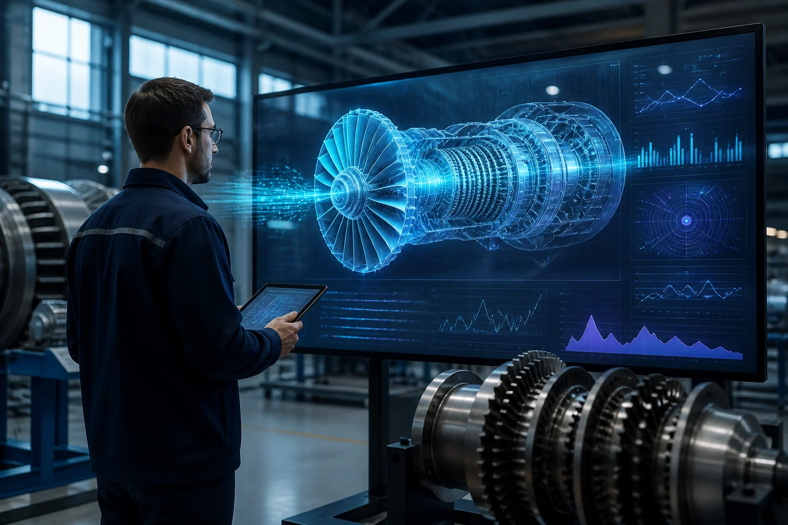 Ingénieur observant sur un grand écran la réplique virtuelle animée d'une turbine industrielle reliée à des capteurs