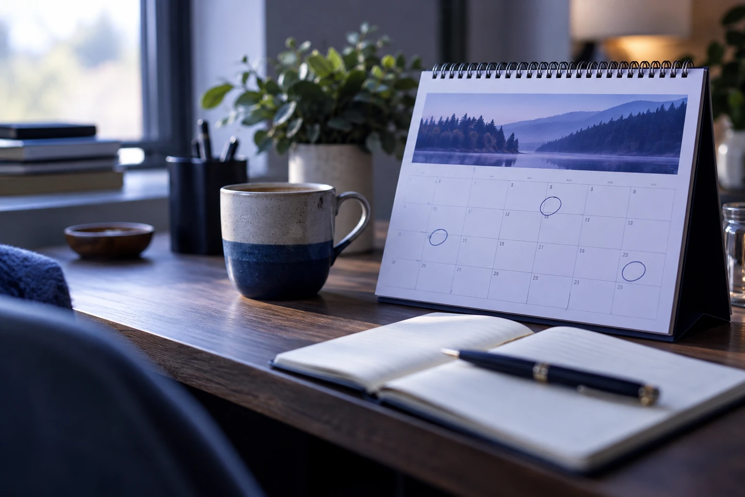 Calendrier mural de bureau avec quelques dates entourées, agenda et café
