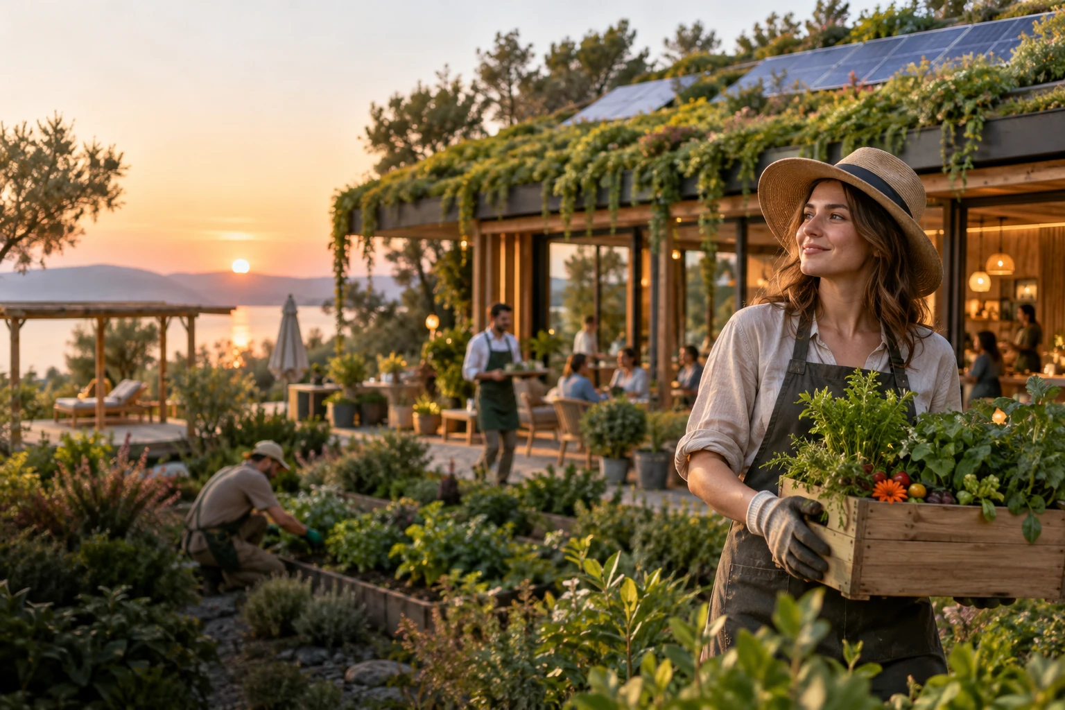 Hôtel écoresponsable avec toit végétalisé, panneaux solaires discrets et jardin