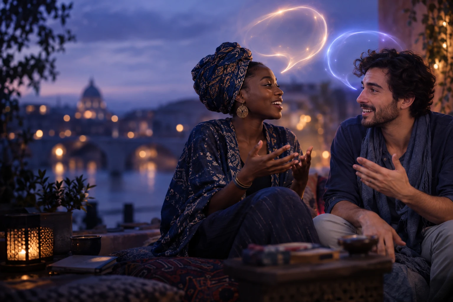 Deux personnes de cultures différentes qui conversent avec animation, bulles de dialogue suggérées par la lumière