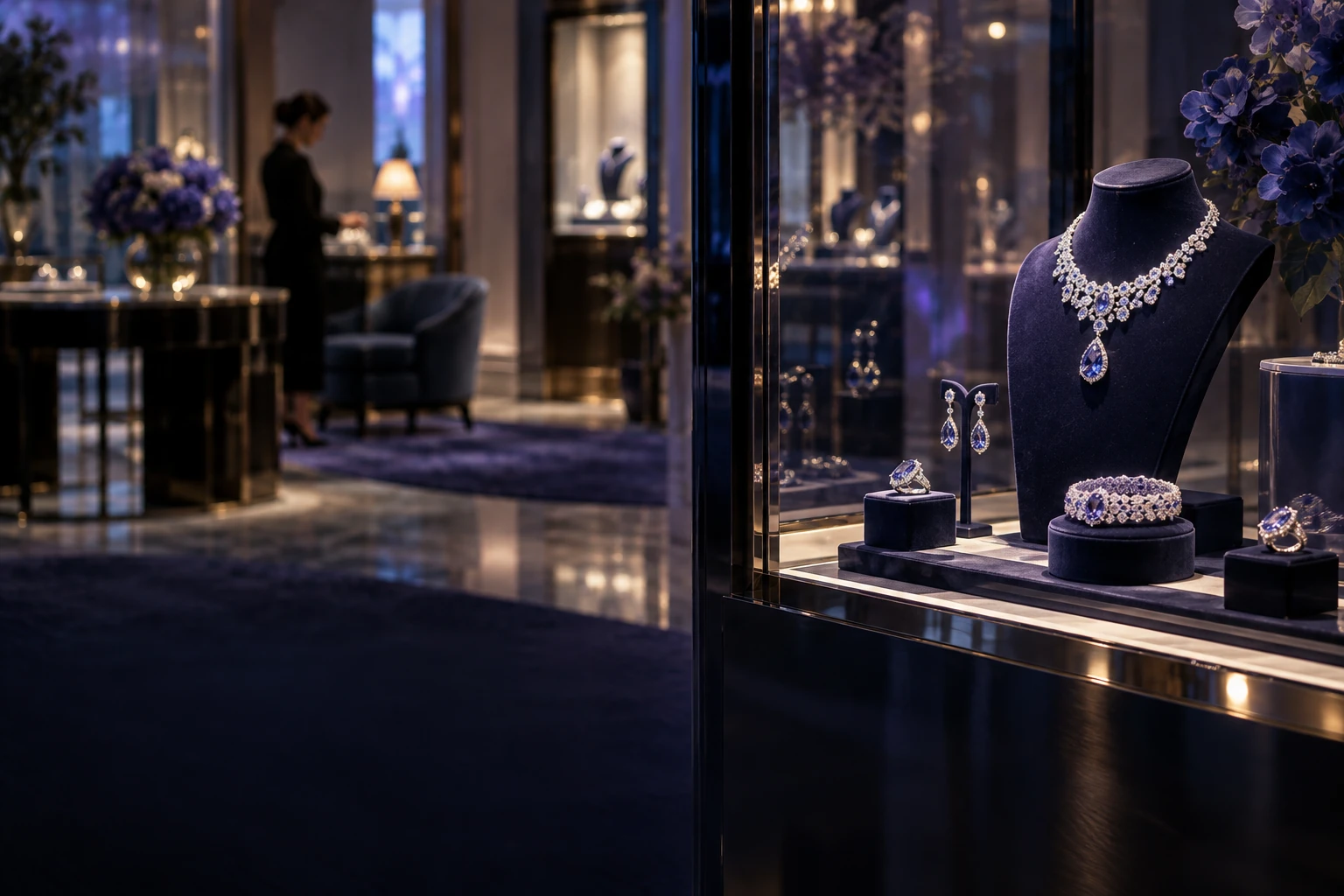 Boutique de haute joaillerie élégante, vitrine éclairée