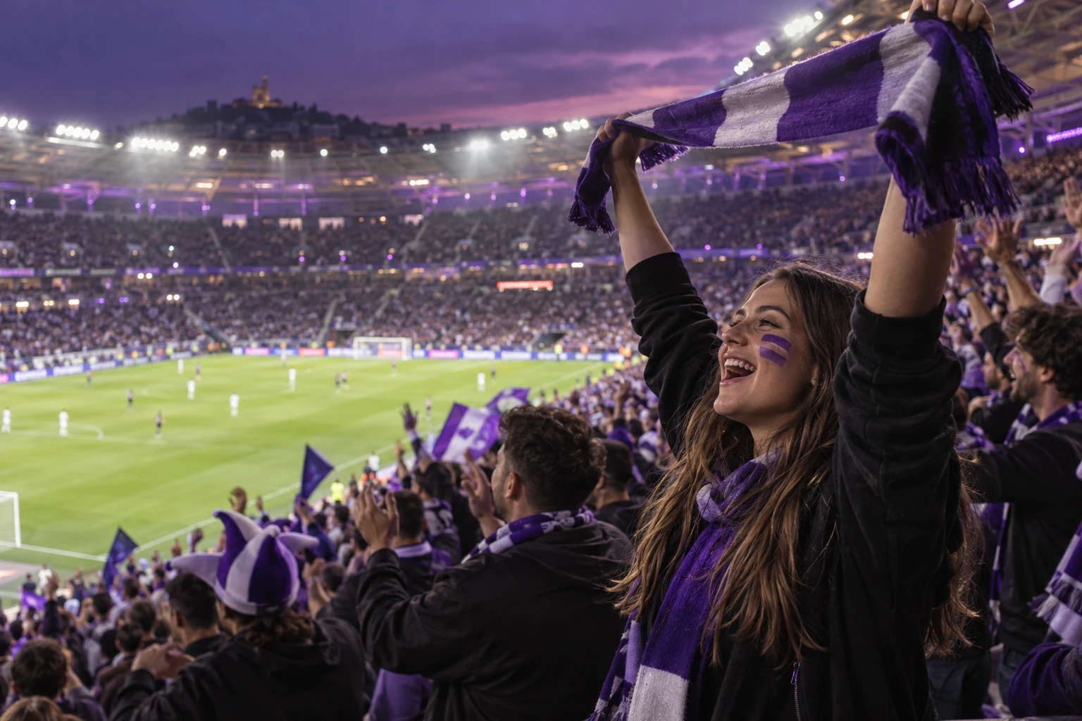 Stade de football français plein un soir de match, pelouse éclairée