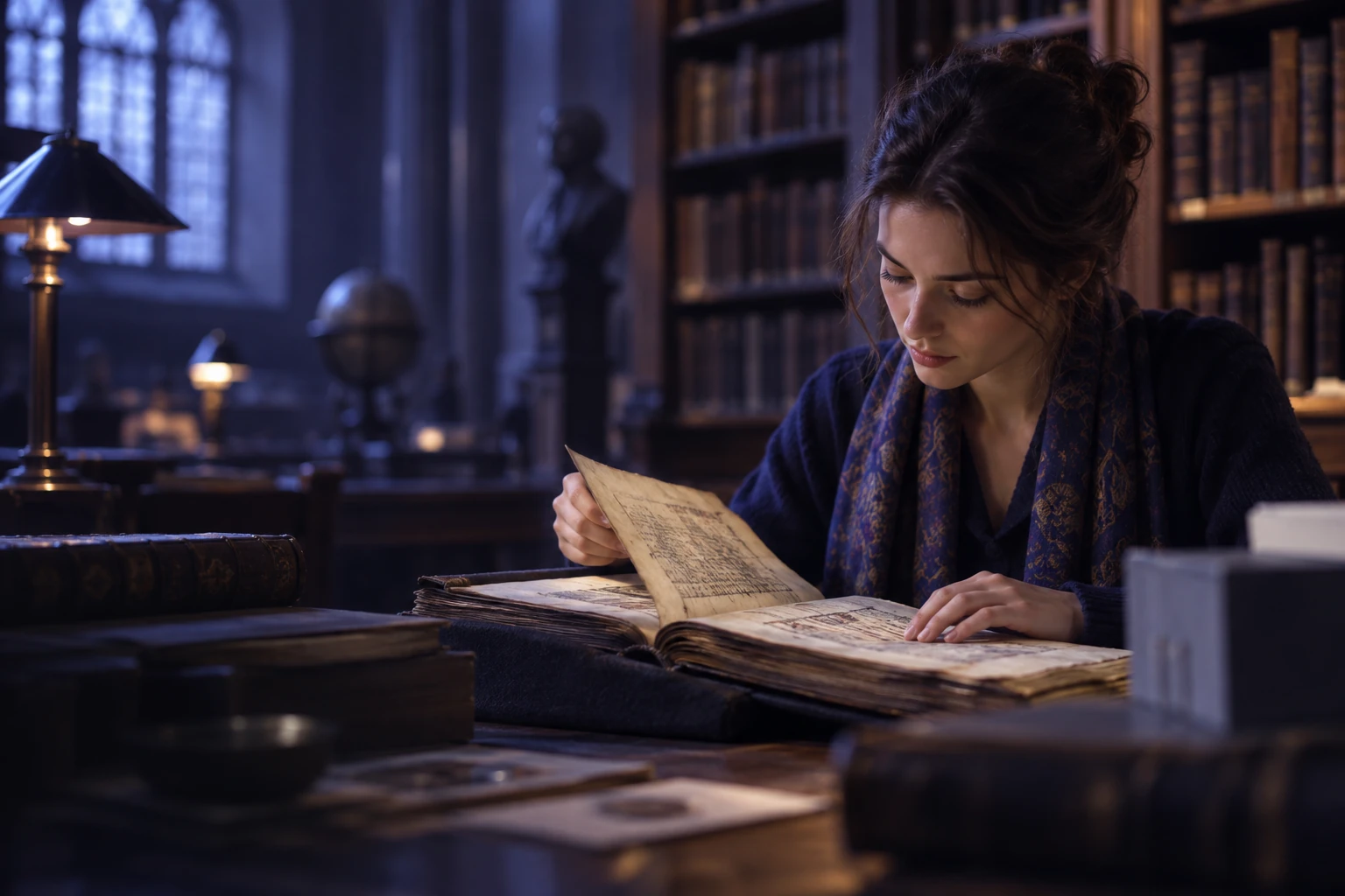 Chercheuse étudiant des manuscrits anciens dans une bibliothèque universitaire