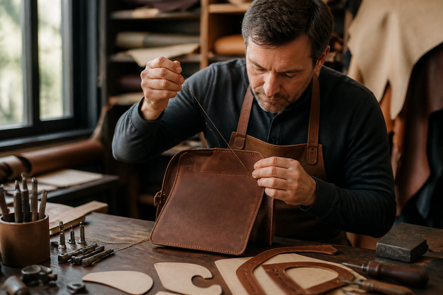 Maroquinier au travail dans son atelier, façonnant un sac en cuir à la main