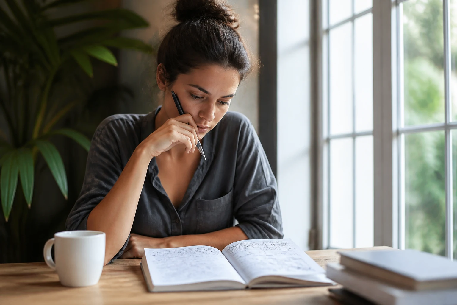 Personne pratiquant la métacognition en réfléchissant à sa façon d'apprendre devant un carnet