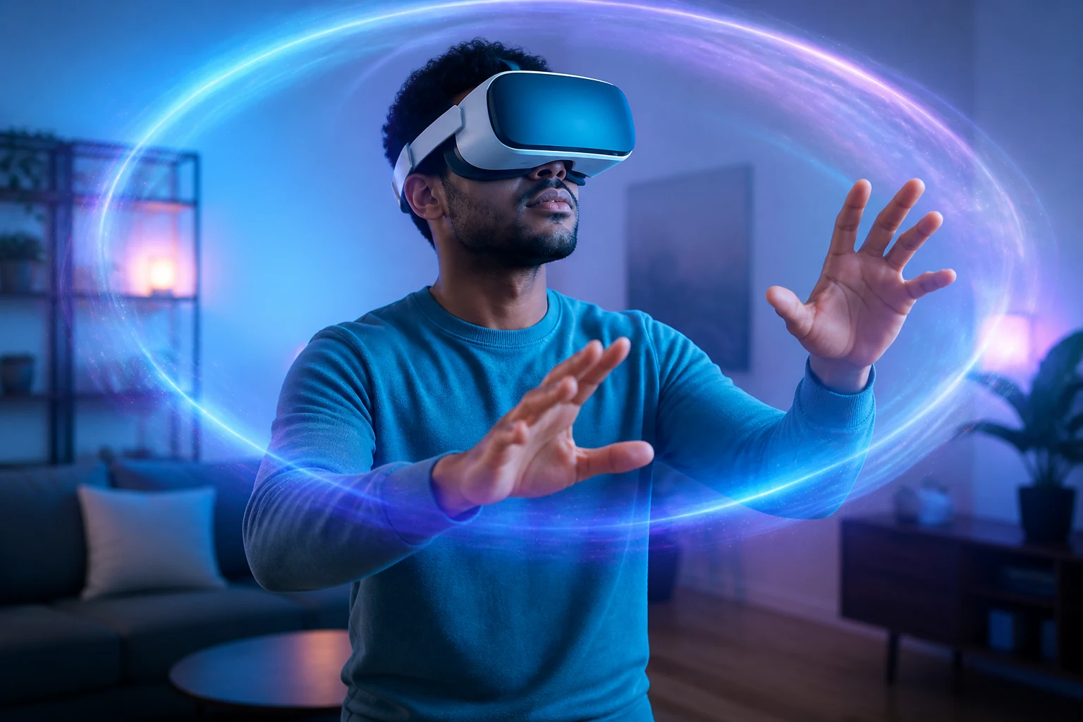 Personne portant un casque immersif explorant le métavers et ses univers virtuels