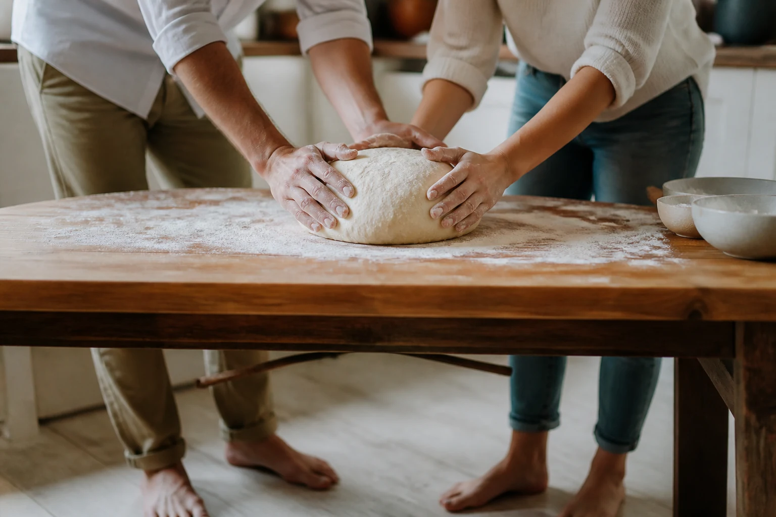 Des mains qui pétrissent la pâte, illustrant l'expression mettre la main à la pâte