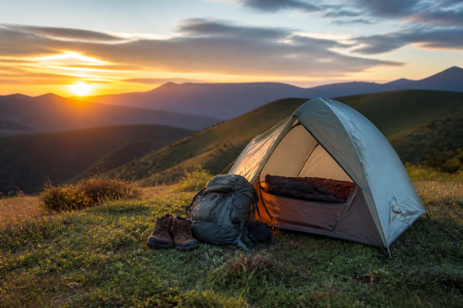 Randonneur observant un paysage au coucher du soleil lors d'une microaventure