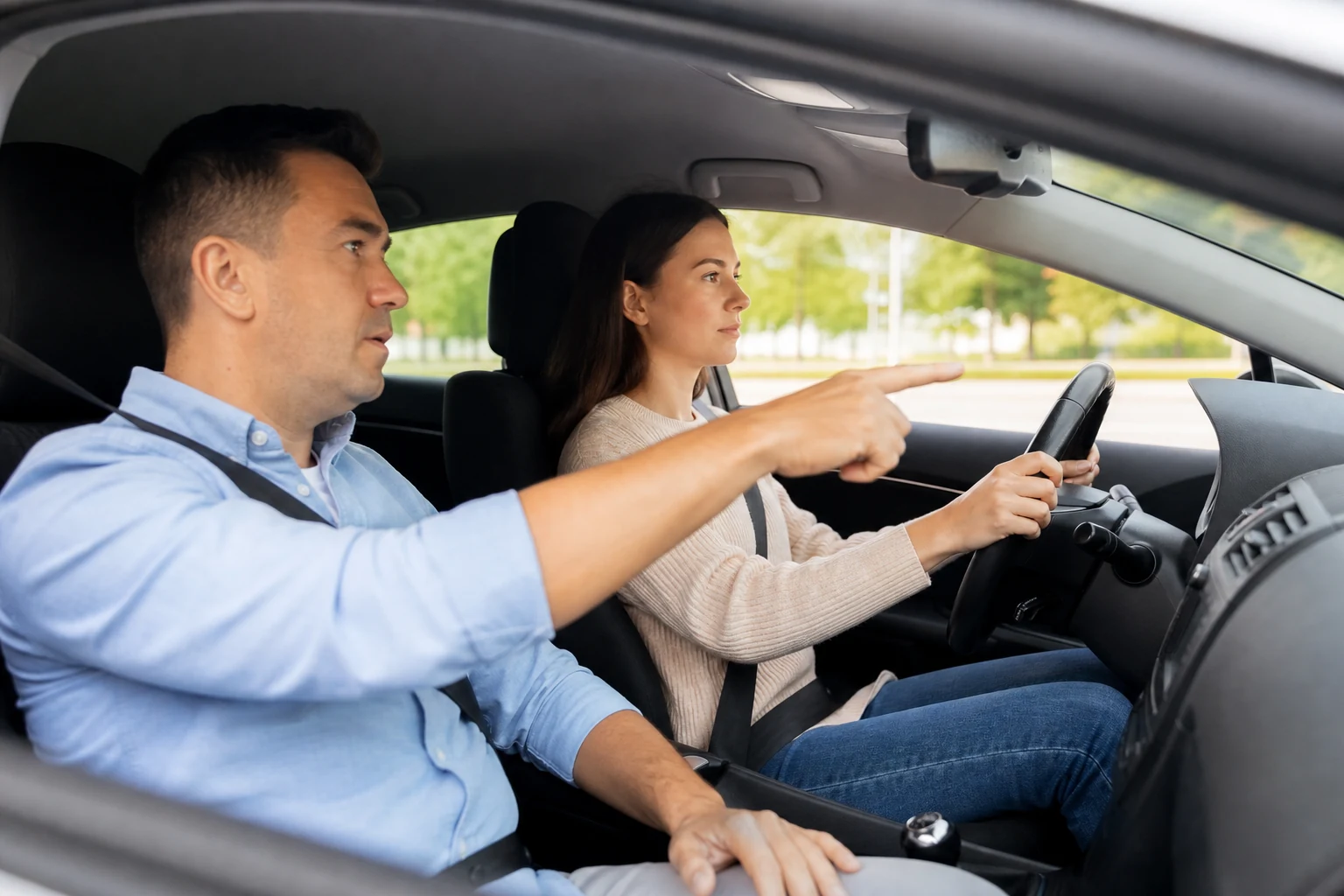 Moniteur d'auto-école accompagnant un élève au volant pendant une leçon de conduite