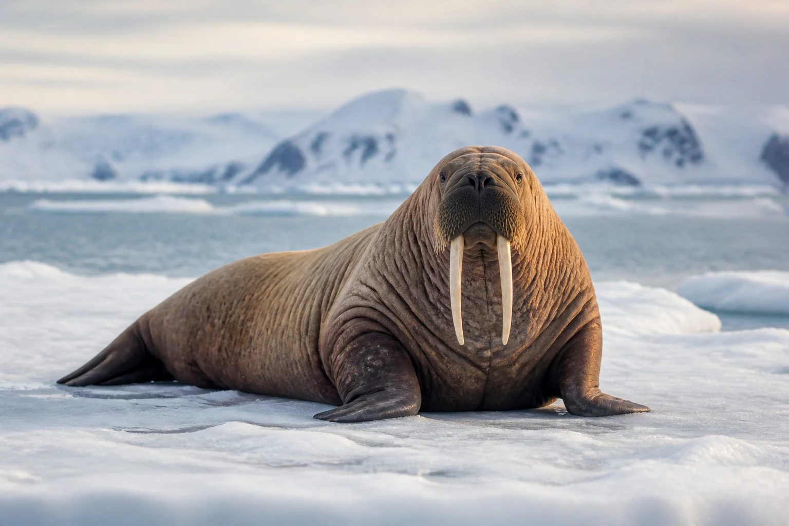 Un morse aux longues défenses reposant sur la banquise de l'Arctique
