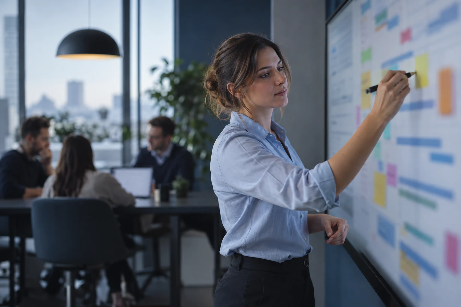 Assistante opérationnelle organisant un planning de projets sur un grand tableau