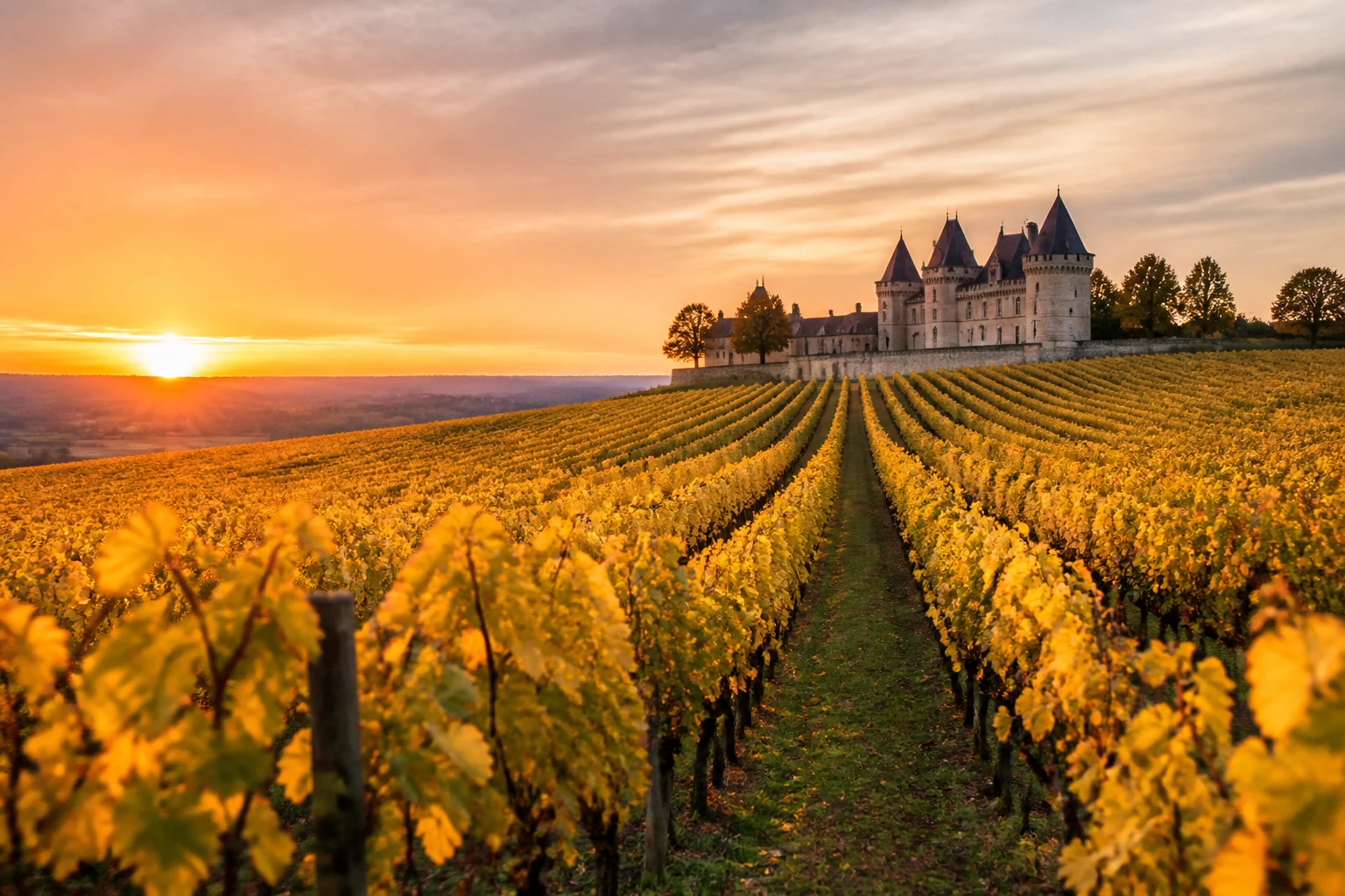Vignoble en coteaux au soleil couchant, illustration de l'oenotourisme