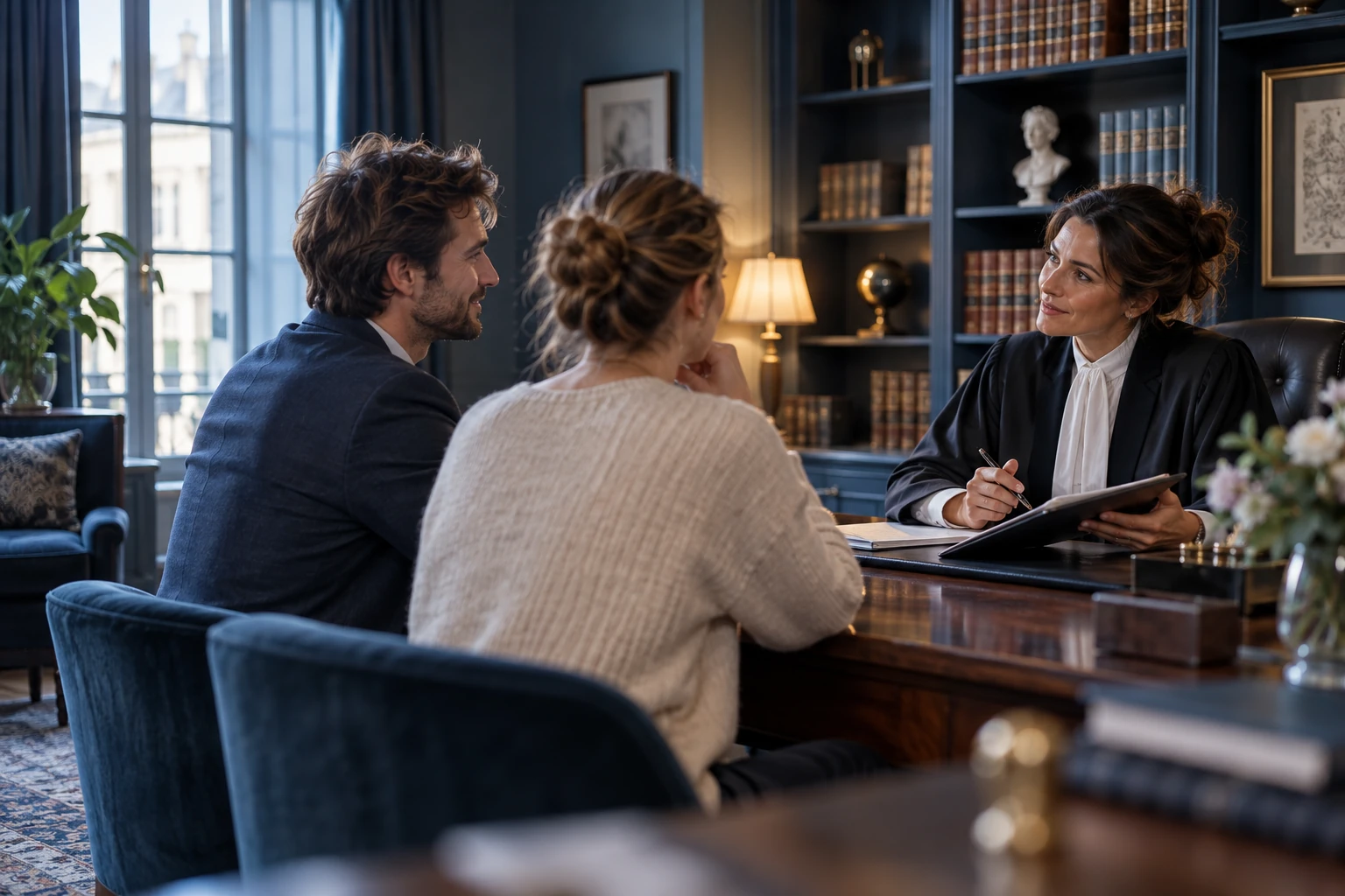 Notaire recevant un couple dans un bureau classique avec bibliothèque