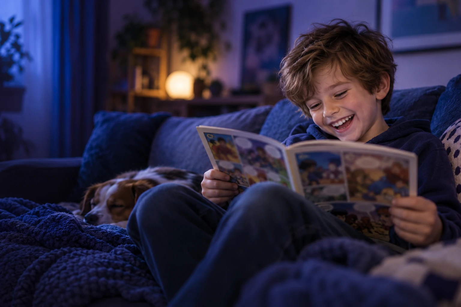 Enfant qui lit une bande dessinée sur un canapé, éclats de rire