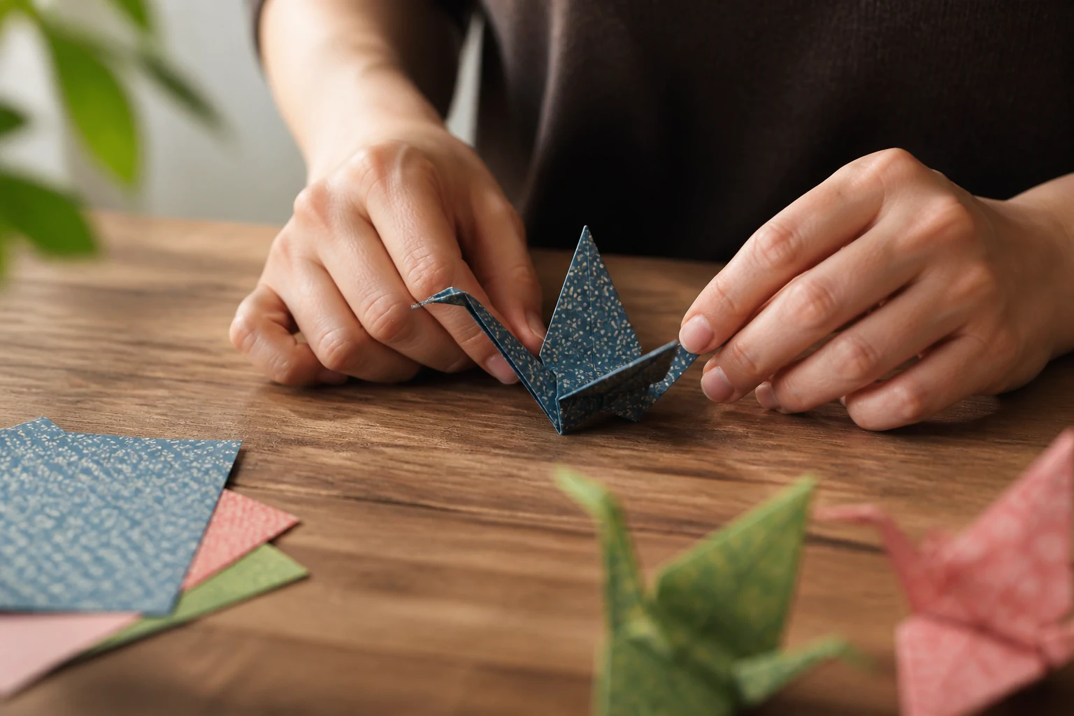 Grue en origami pliée dans un papier japonais coloré, emblème de l'art du pliage