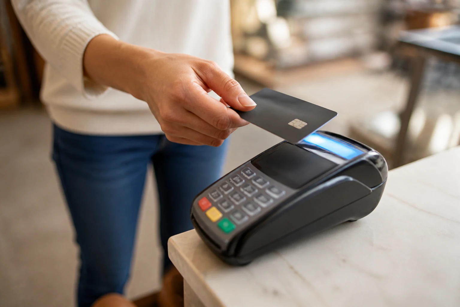 Carte bancaire approchée d'un terminal pour un paiement sans contact