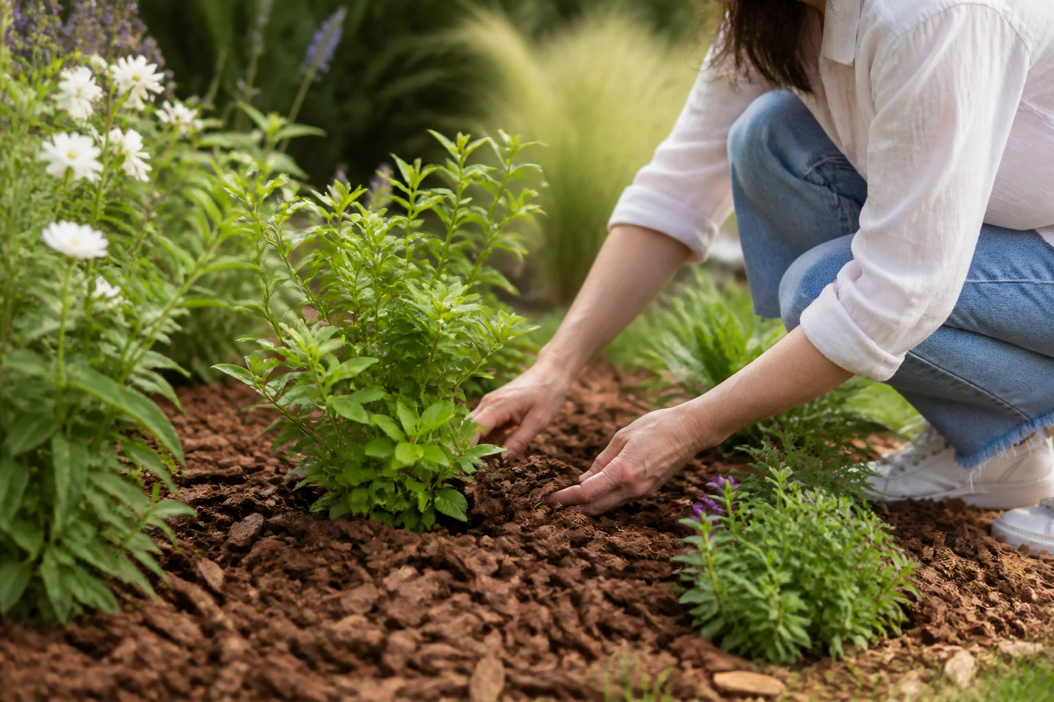 Paillage au jardin en copeaux de bois au pied de jeunes plants de potager