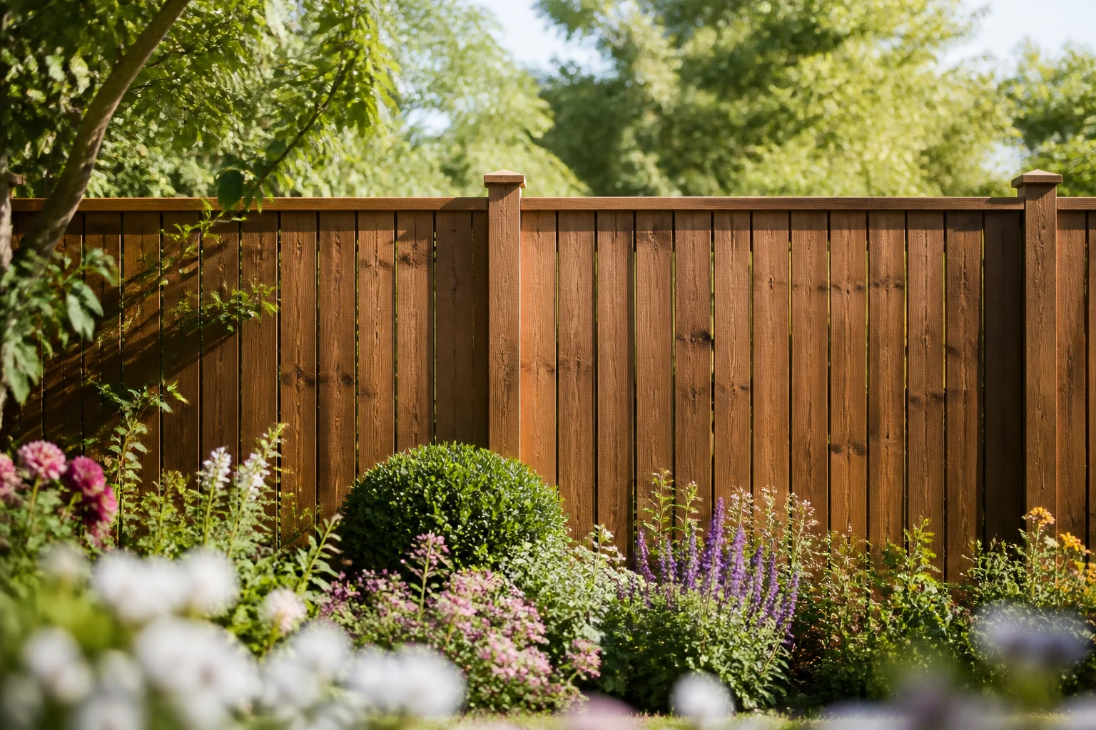Palissade en bois à lames verticales clôturant un jardin ensoleillé