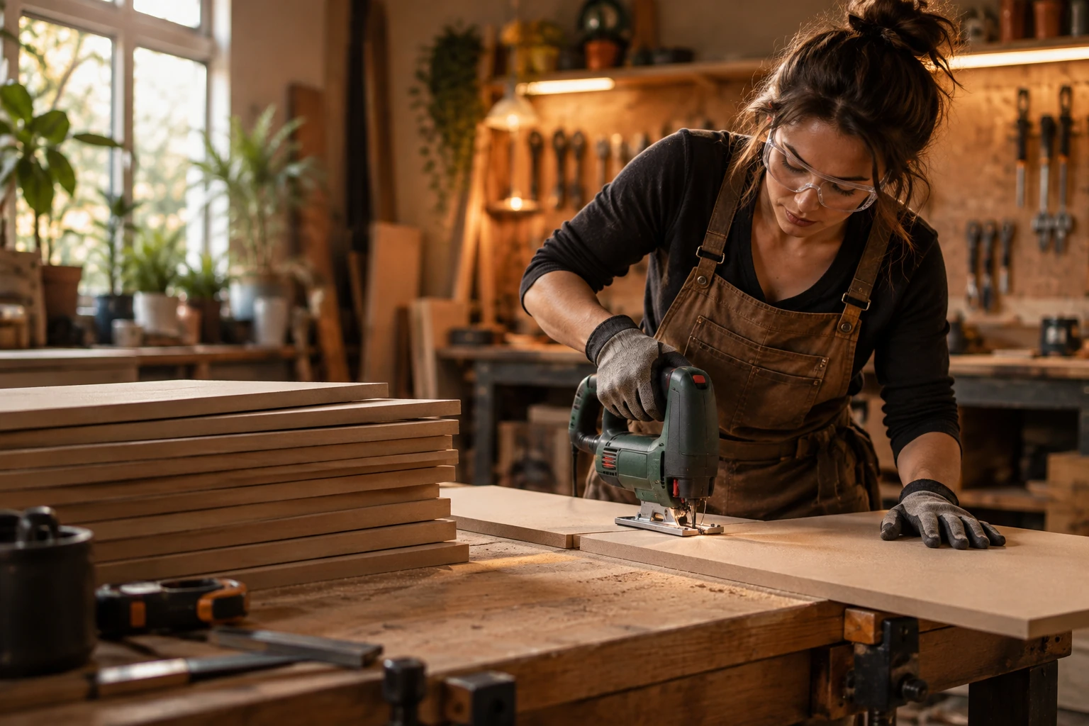 Panneaux MDF empilés et une découpe en cours sur un établi