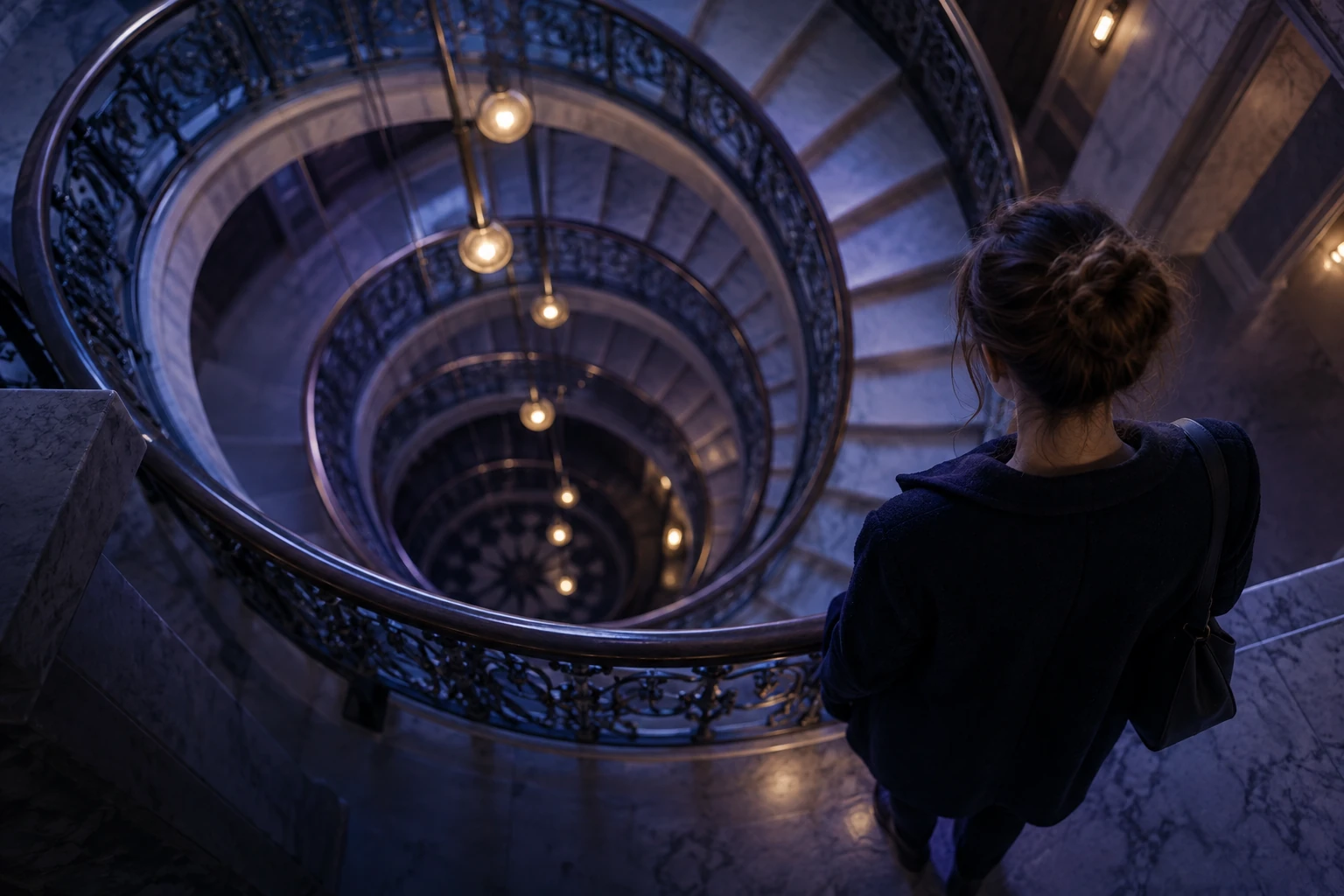 Silhouette debout devant un grand escalier en spirale vu d'en haut, perspective vertigineuse