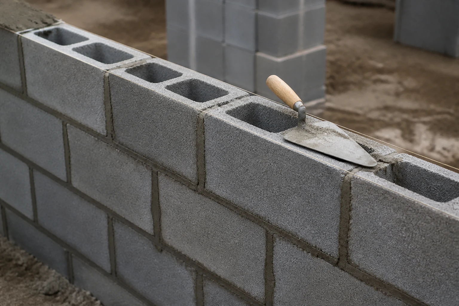 Parpaings en béton creux empilés sur un chantier de maçonnerie