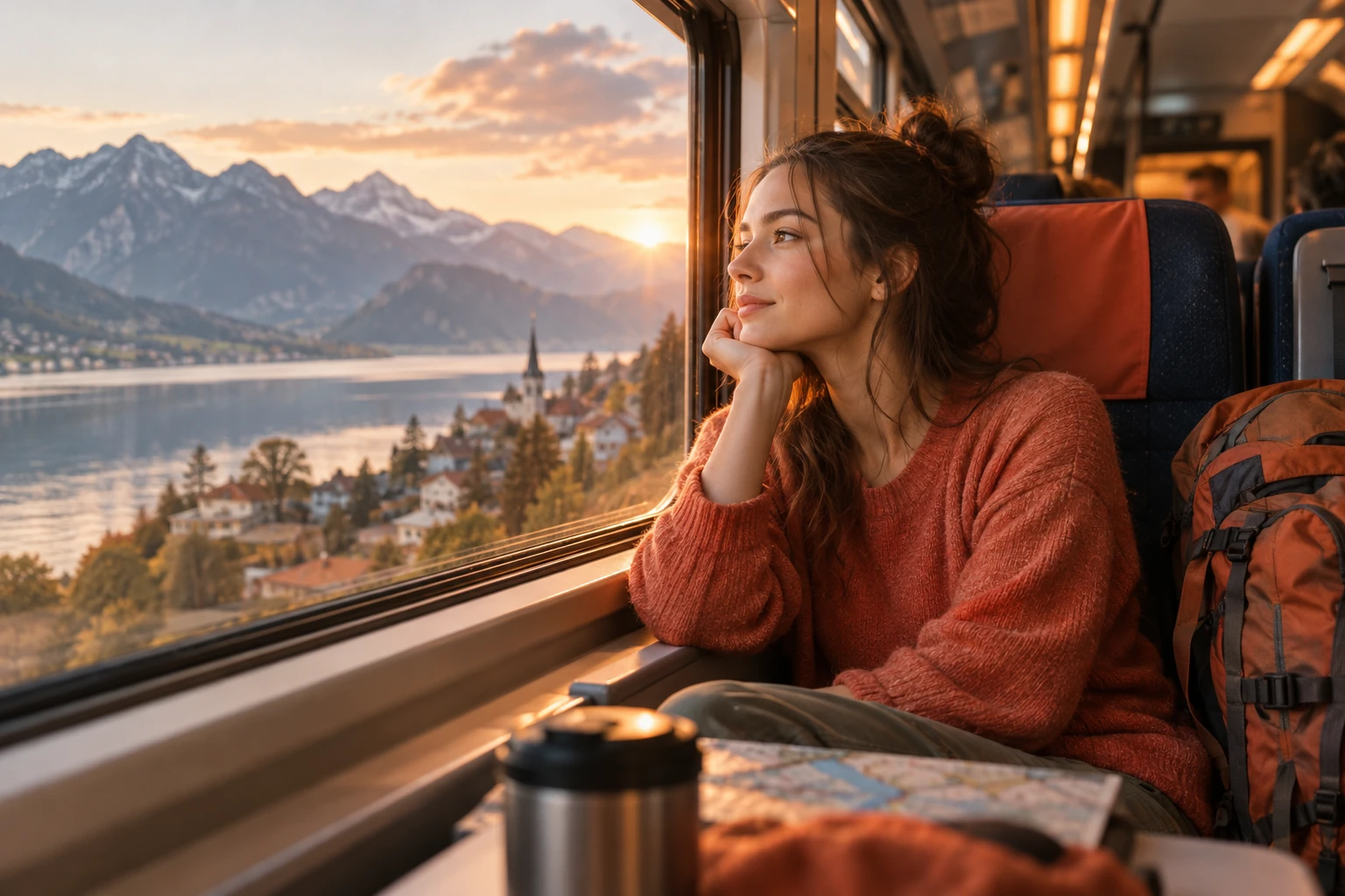 Jeune voyageuse regardant le paysage depuis la fenêtre d'un train européen, sac à dos sur le siège