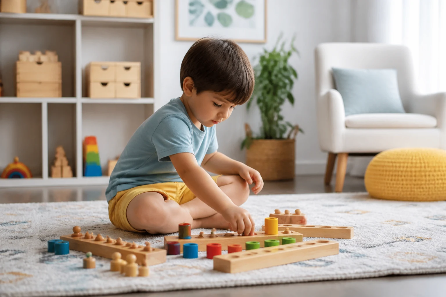 Enfant manipulant du matériel sensoriel dans une ambiance Montessori