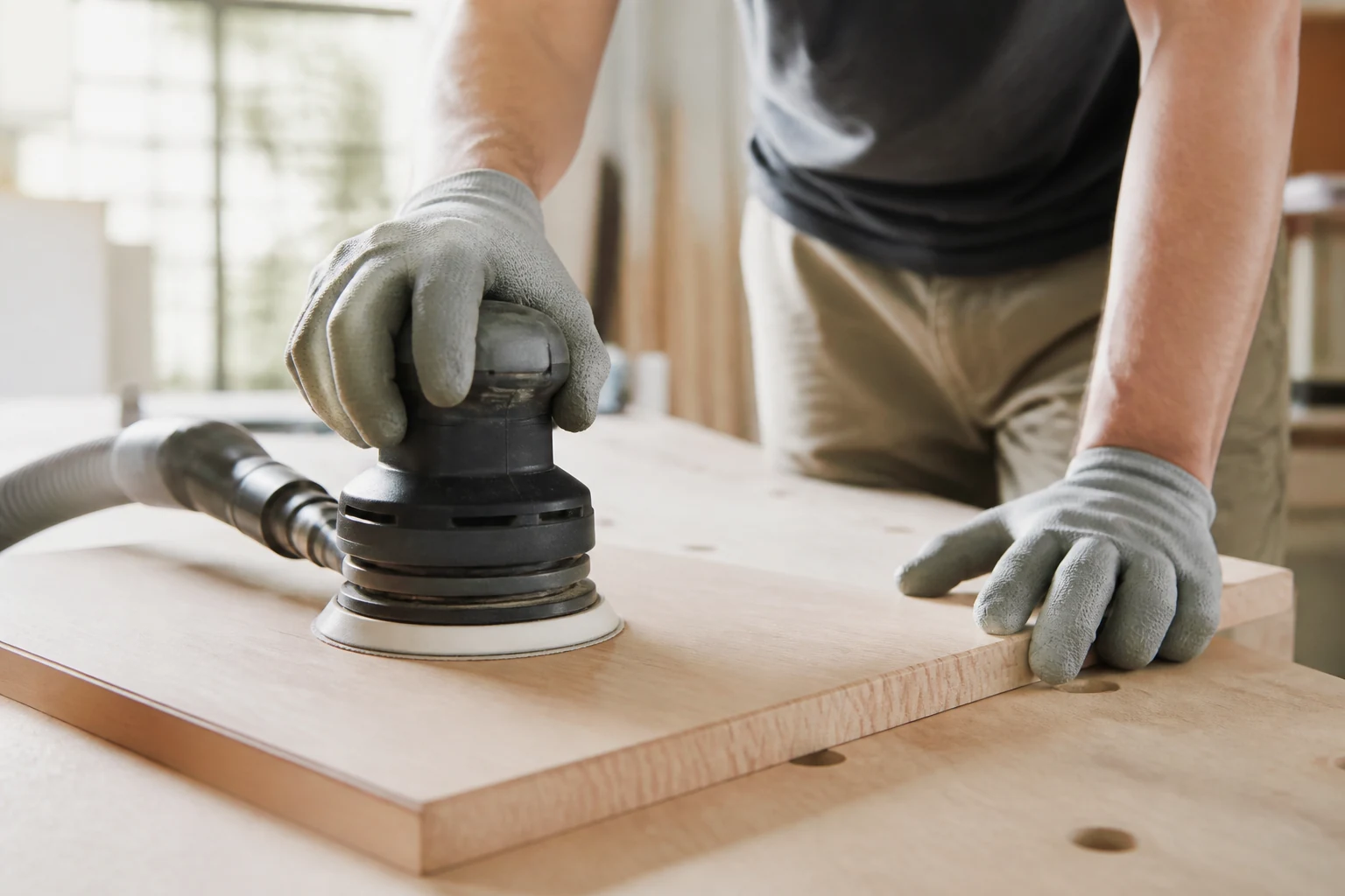 Ponceuse excentrique en action sur un plateau de bois clair dans un atelier