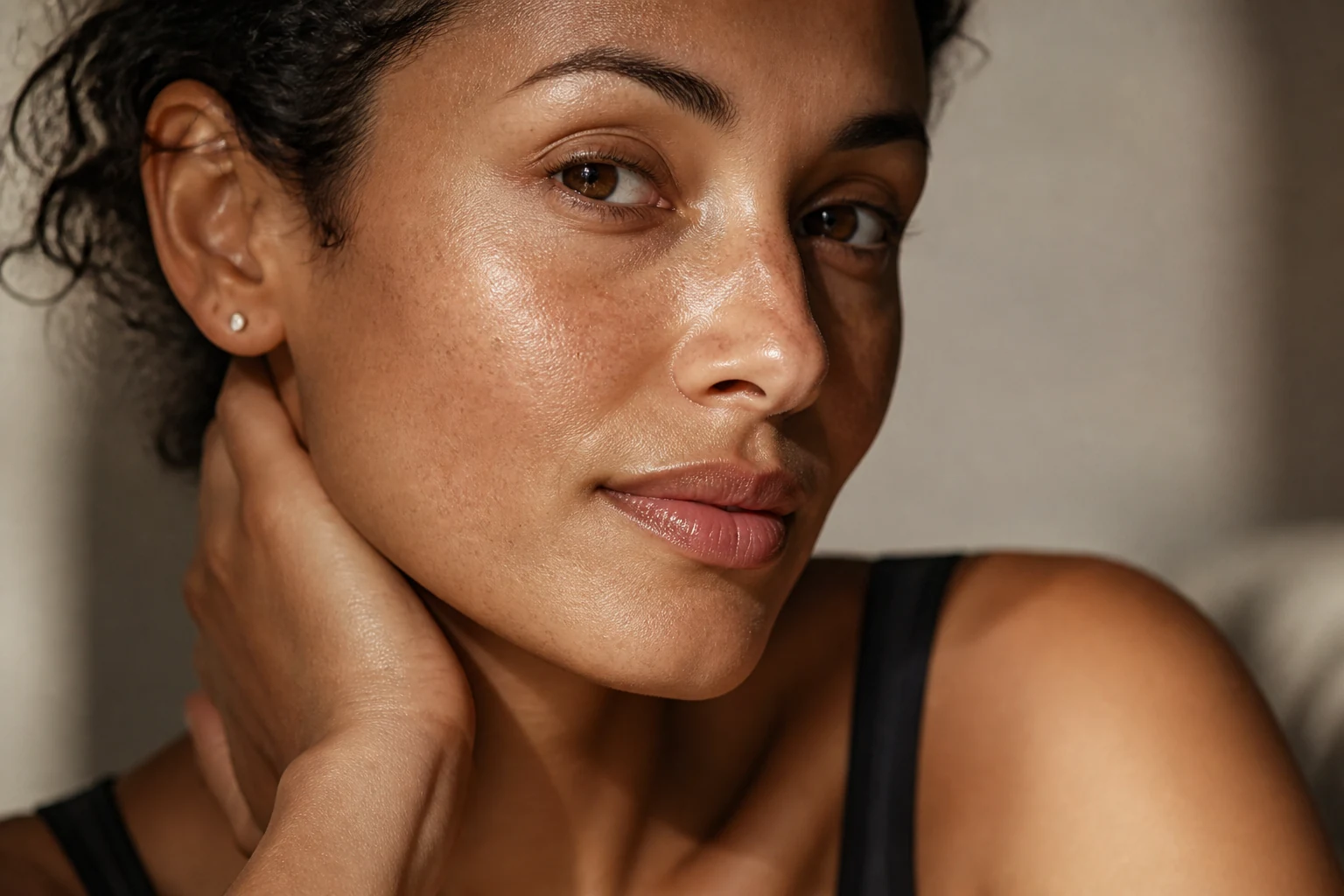 Gros plan sur une peau présentant des pores dilatés au niveau du nez et des joues