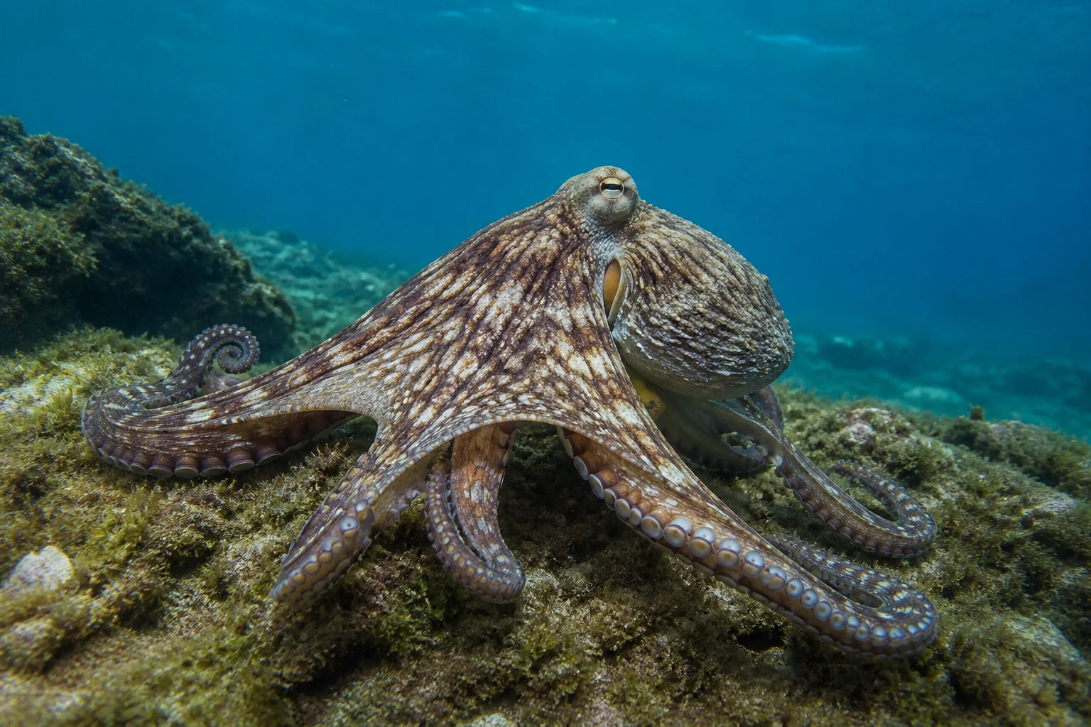 Un poulpe déployant ses huit bras couverts de ventouses au fond de l'océan