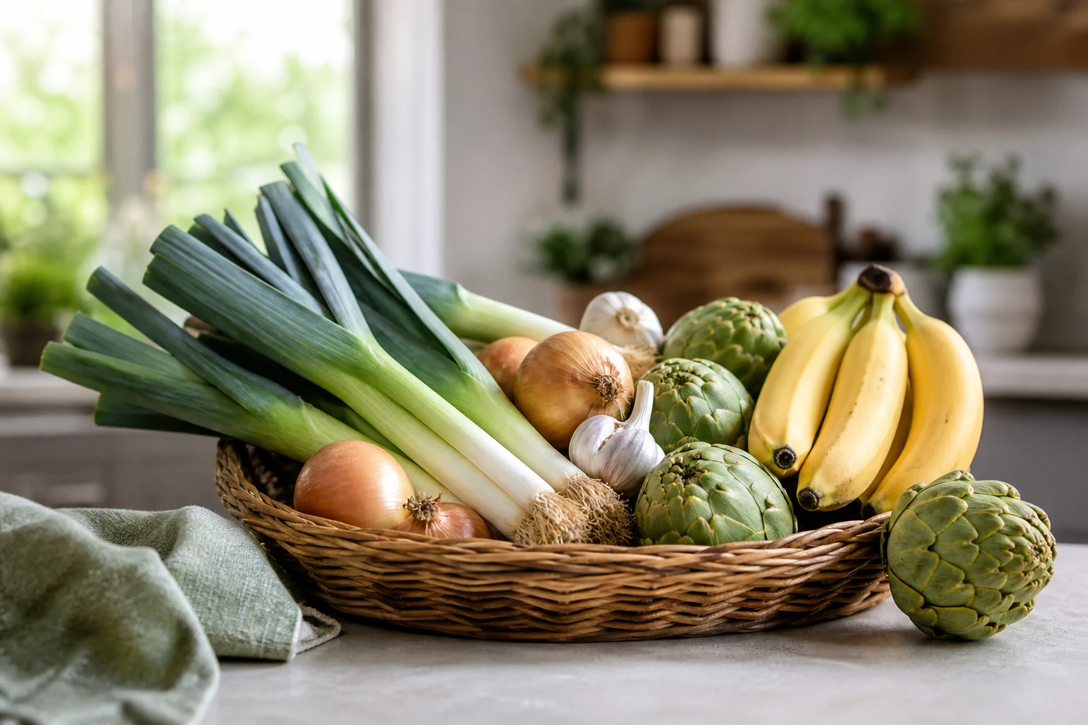 Aliments riches en prébiotiques disposés sur une table pour nourrir le microbiote