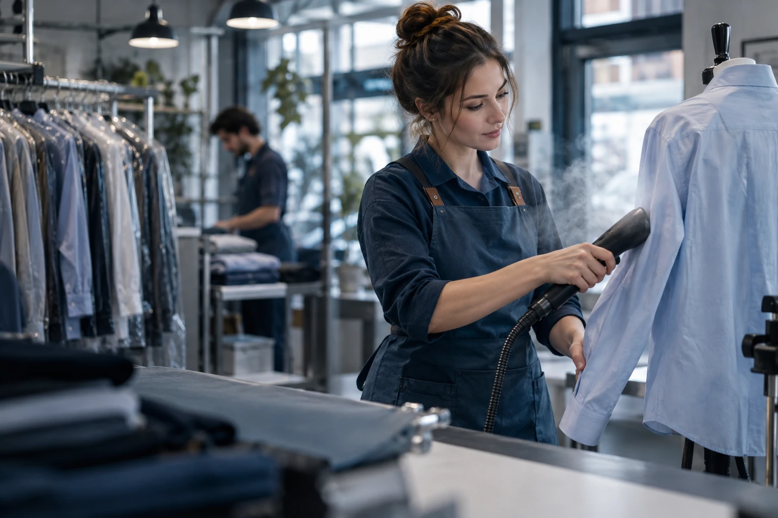 Employée repassant une chemise à la vapeur dans un pressing de quartier