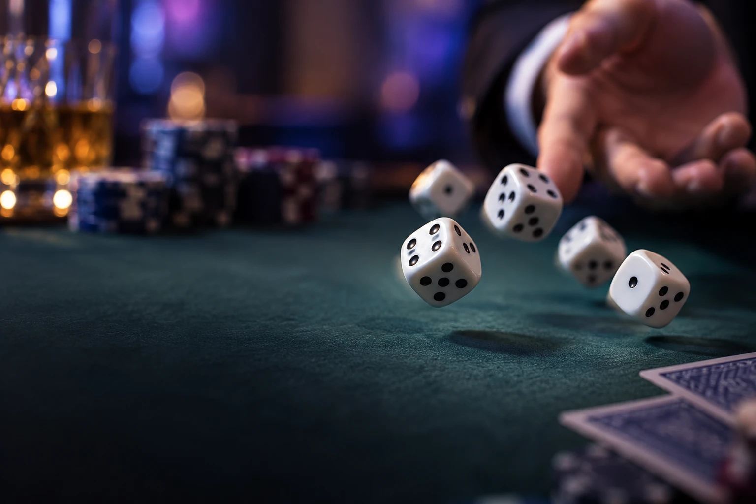 Dés qui roulent sur un tapis de jeu vert, mouvement figé