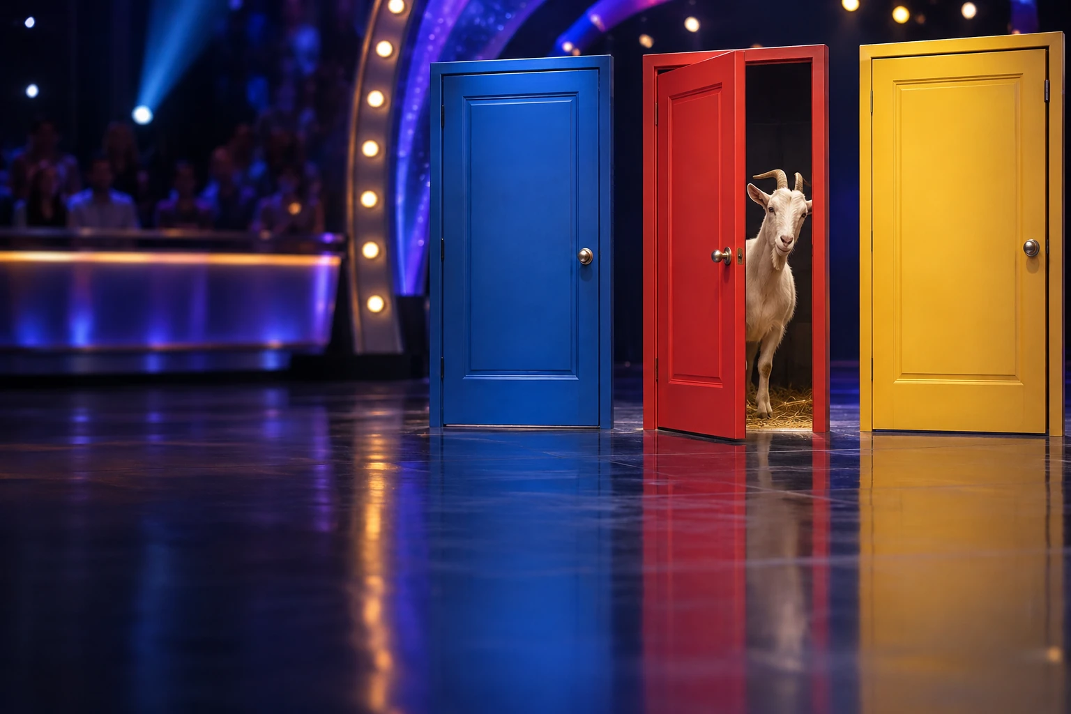 Trois portes colorées sur un plateau de jeu télévisé, une entrouverte laissant voir une chèvre