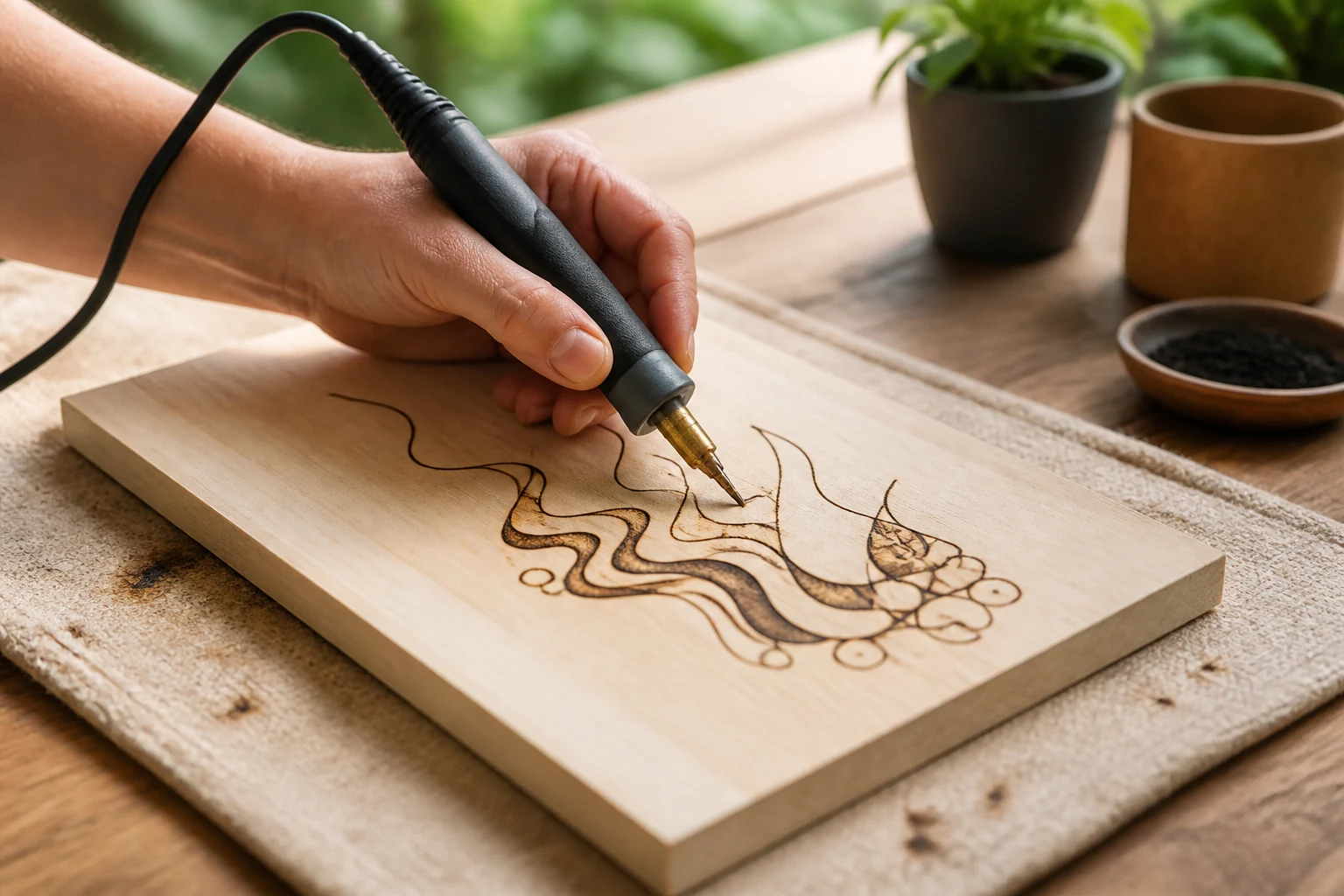 Réalisation de pyrogravure sur une planche de bois clair avec une pointe chauffée