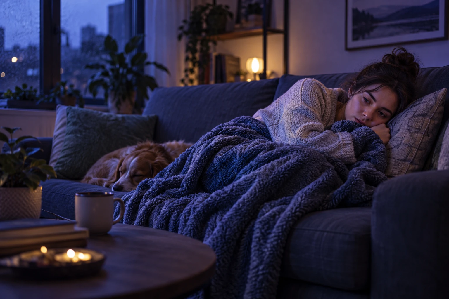 Jeune adulte épuisé allongé recroquevillé sur un canapé sous un plaid, lumière tamisée