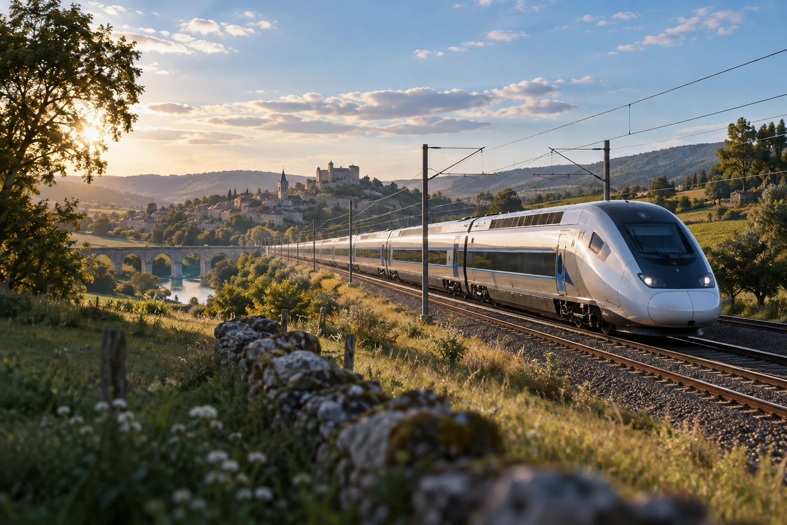 Train à grande vitesse traversant une campagne française au soleil