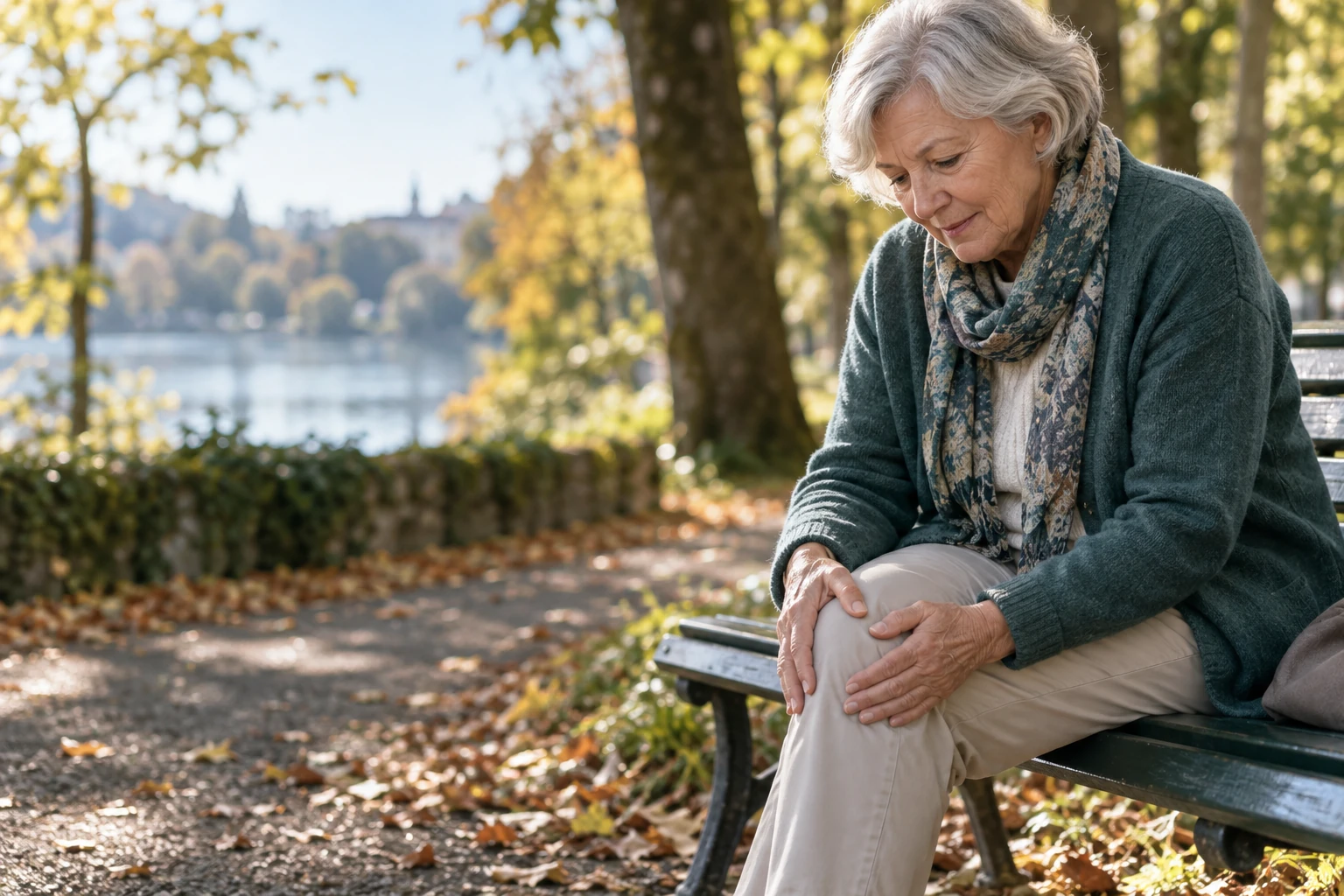 Personne âgée se massant doucement le genou assise sur un banc de parc, lumière d'automne