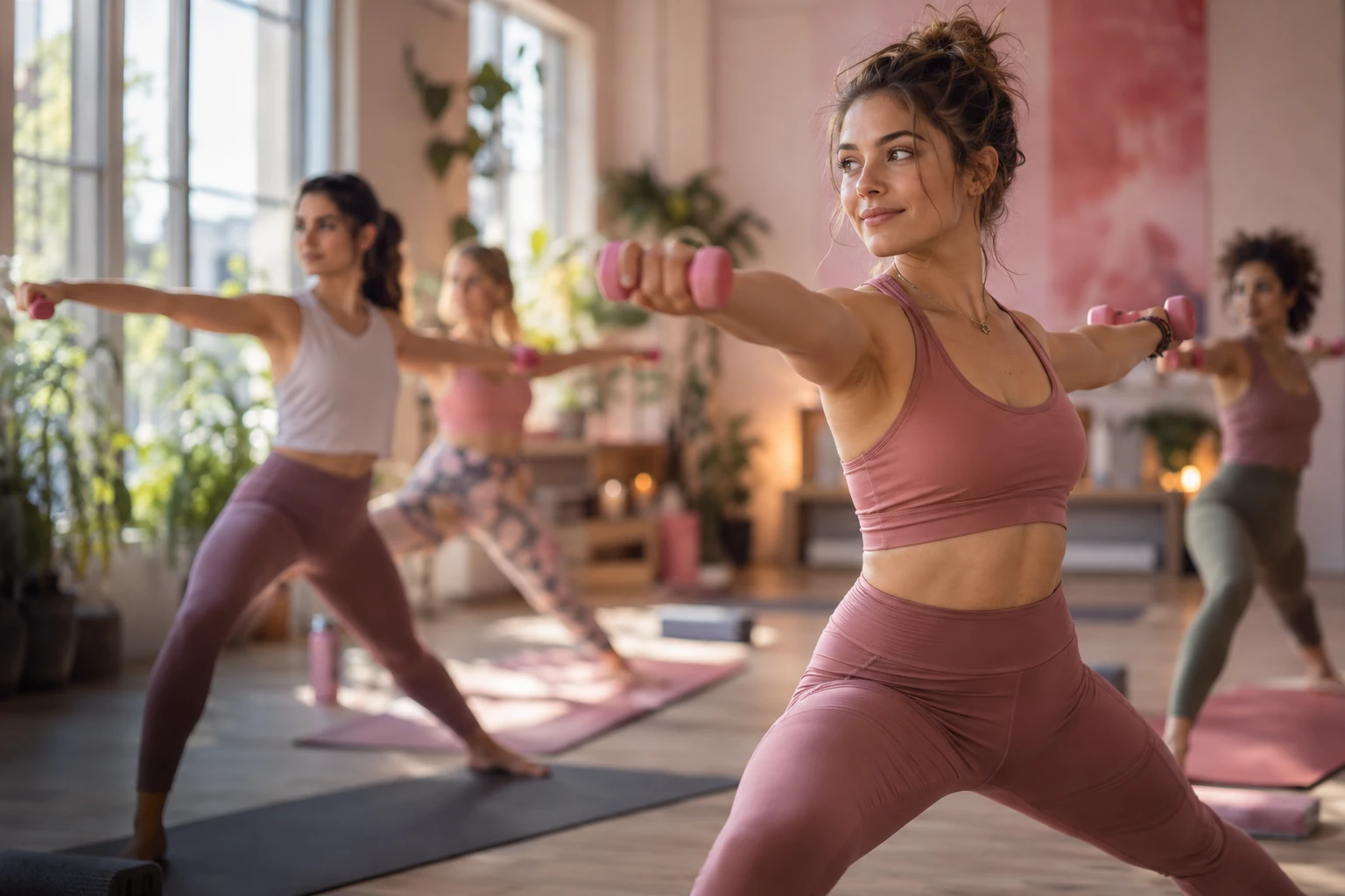 Cours de yoga dynamique avec petits haltères dans un studio lumineux
