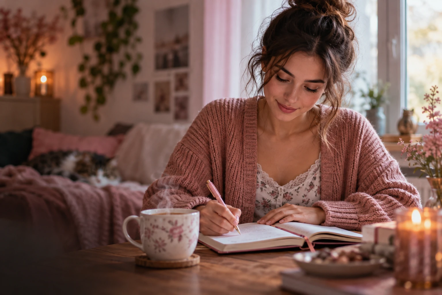 Femme remplissant un carnet de bien-être près d'une fenêtre, tisane fumante