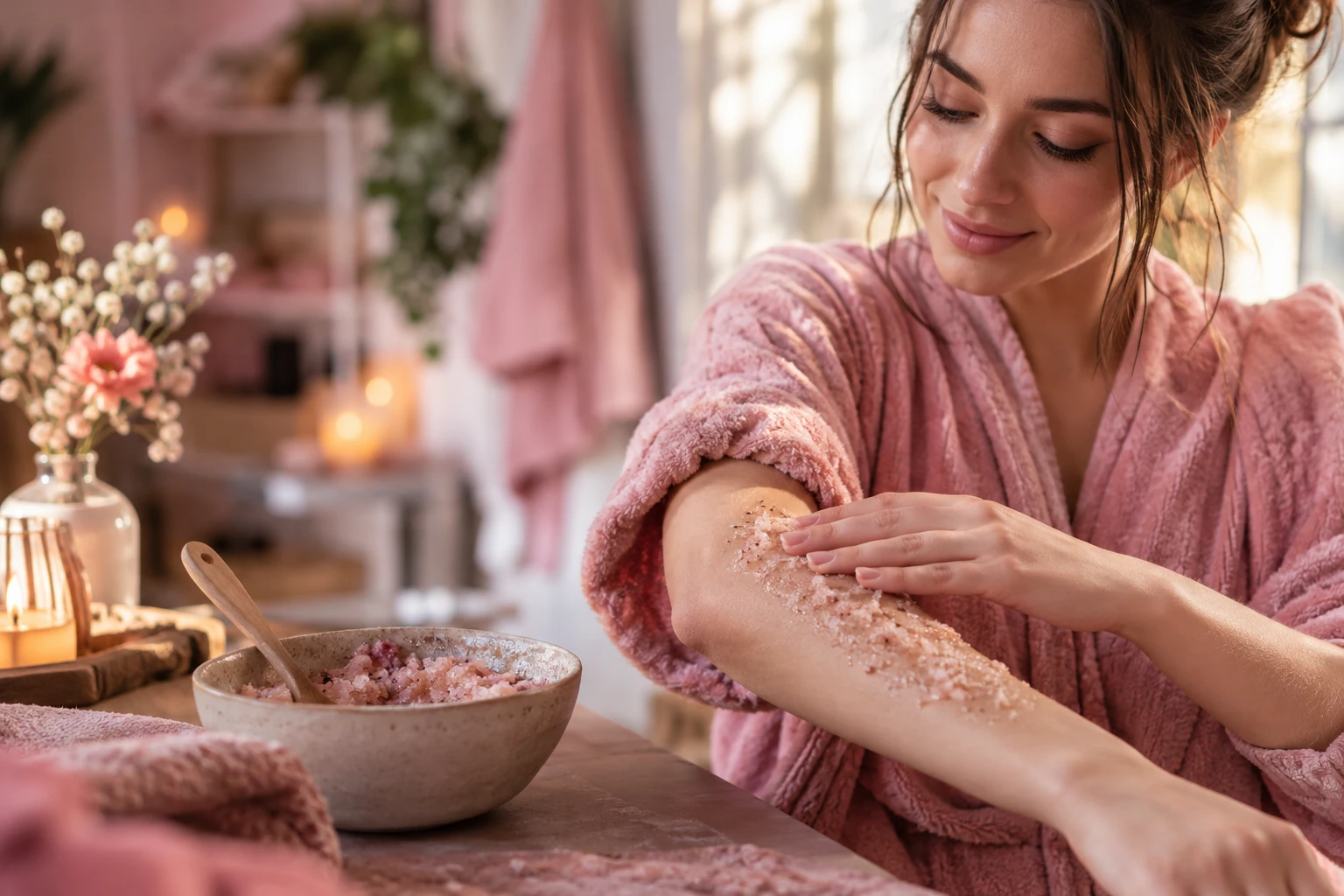Mains massant un gommage granuleux sur un avant-bras, bol de produit à côté