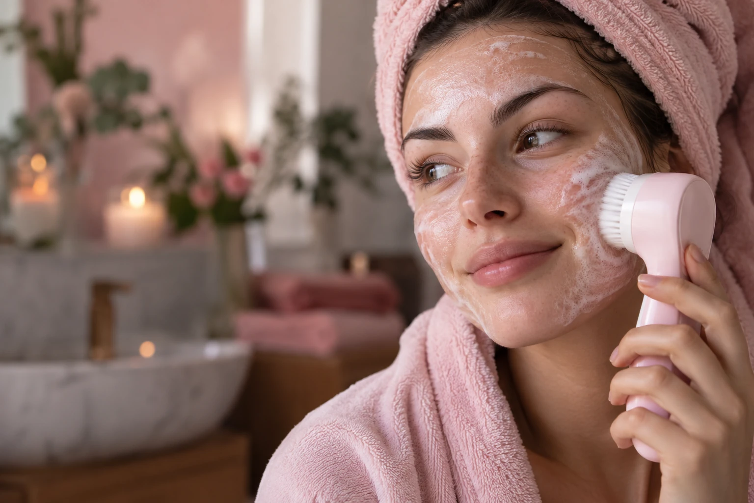 Gros plan d'un visage pendant un soin exfoliant doux, brosse visage douce