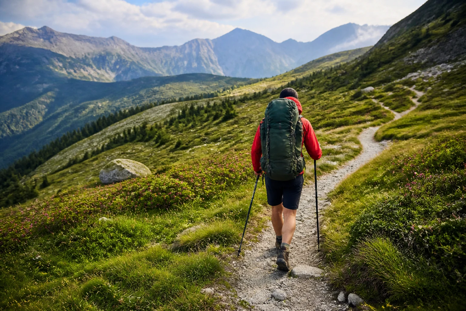 Randonneur en randonnée itinérante marchant sur un sentier de montagne avec son sac à dos