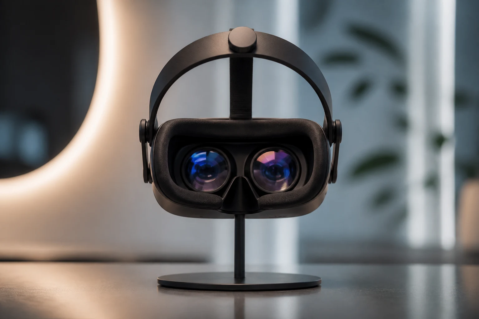 Personne portant un casque de réalité virtuelle dans un environnement lumineux