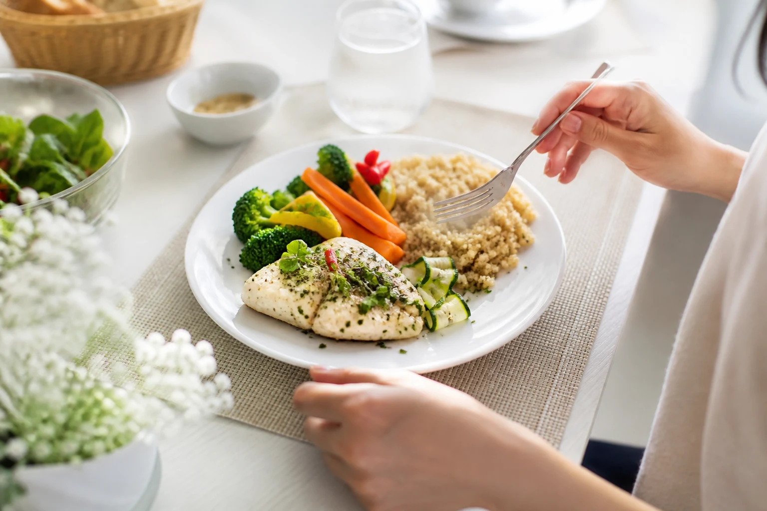 Personne portant une main à la poitrine à cause d'un reflux gastro-œsophagien après un repas