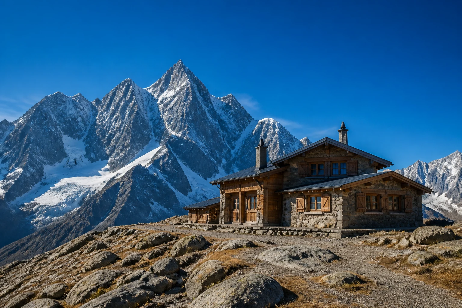 Refuge de montagne en pierre perché en altitude devant un sommet enneigé